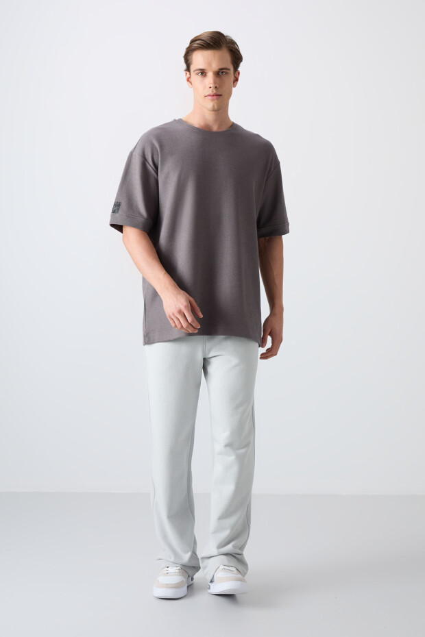 Koyu Gri Pamuklu Kalın Yüzeyi Dokulu Oversize Fit Basic Erkek T-Shirt - 88339 - 2