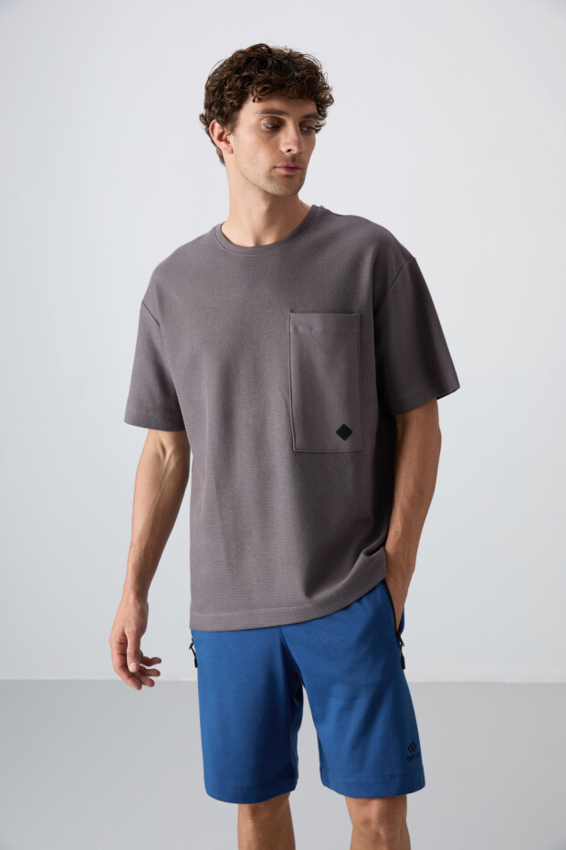 Koyu Gri Pamuklu Kalın Yüzeyi Dokulu Oversize Fit Basic Erkek T-Shirt - 88341