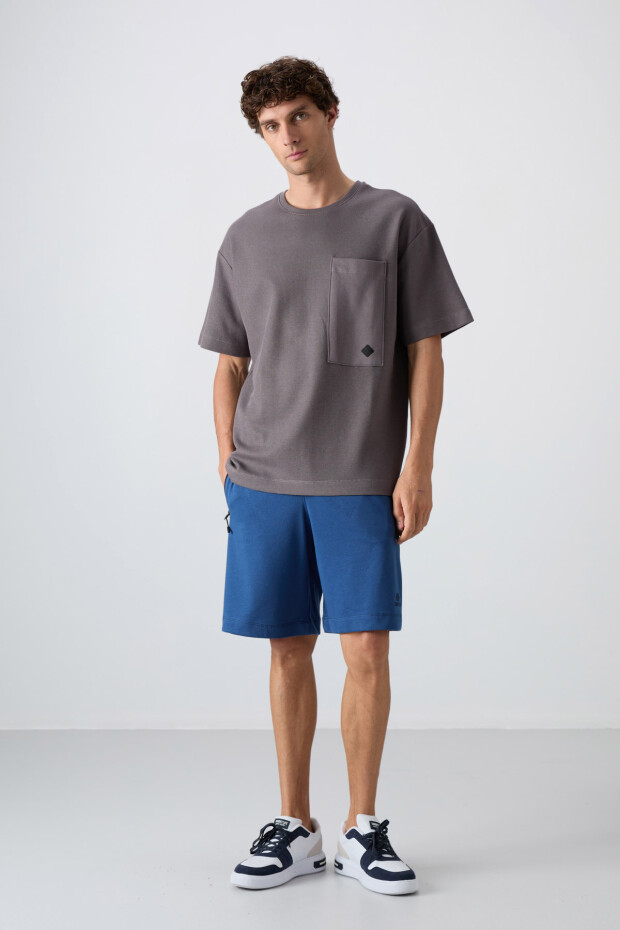 Koyu Gri Pamuklu Kalın Yüzeyi Dokulu Oversize Fit Basic Erkek T-Shirt - 88341