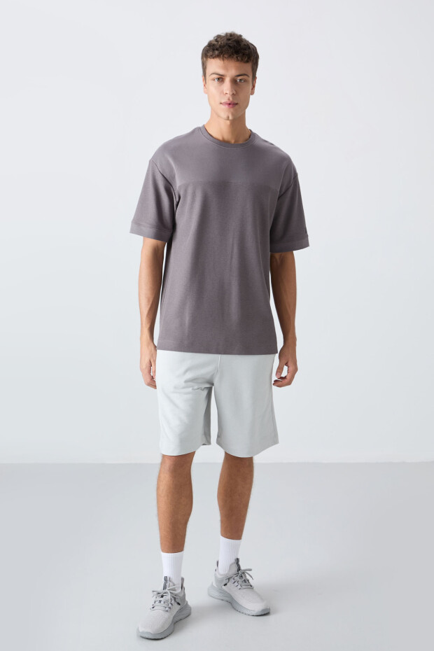 Koyu Gri Pamuklu Kalın Yüzeyi Dokulu Oversize Fit Basic Erkek T-Shirt - 88340 - 2