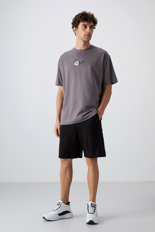 Koyu Gri Pamuklu Kalın Yumuşak Dokulu Oversize Fit Baskılı Erkek T-Shirt - 88350