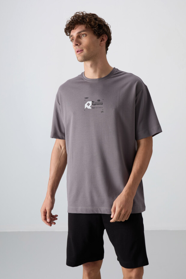 Koyu Gri Pamuklu Kalın Yumuşak Dokulu Oversize Fit Baskılı Erkek T-Shirt - 88350