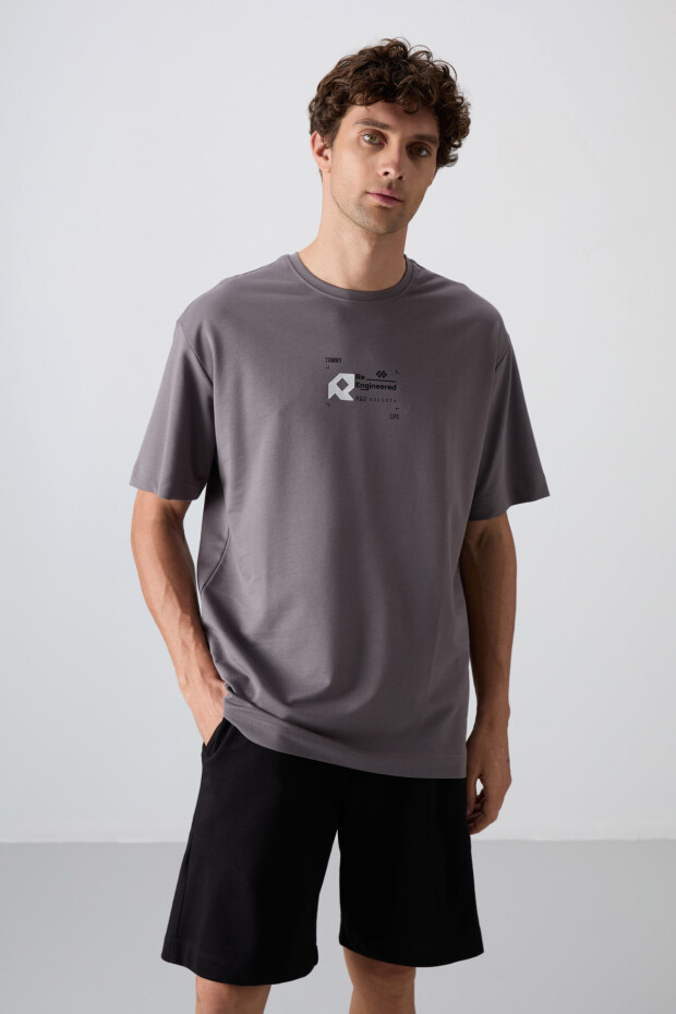 Koyu Gri Pamuklu Kalın Yumuşak Dokulu Oversize Fit Baskılı Erkek T-Shirt - 88350