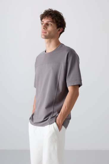 Koyu Gri Pamuklu Kalın Yumuşak Dokulu Oversize Fit Basic Erkek T-Shirt - 88349 