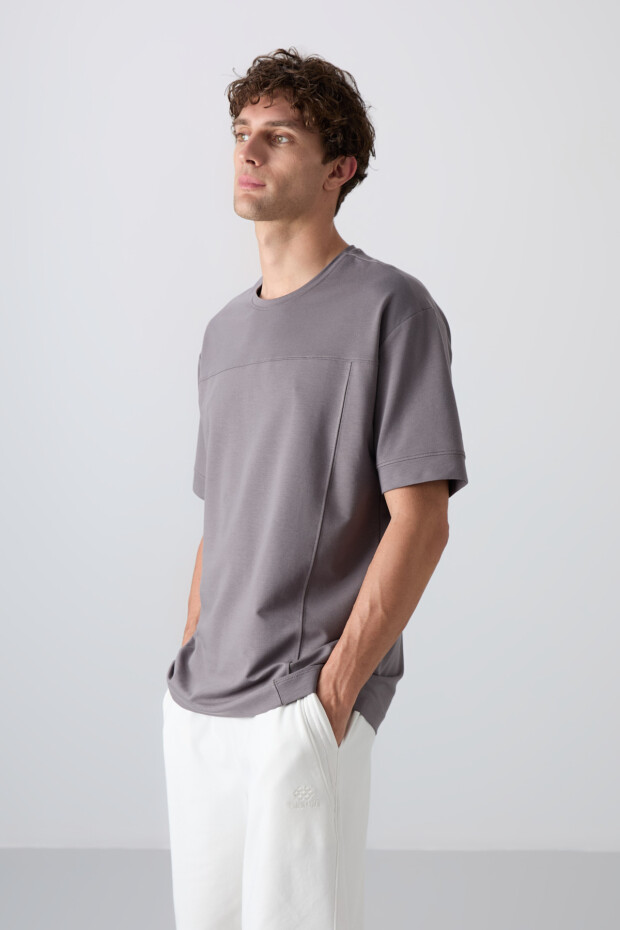 Koyu Gri Pamuklu Kalın Yumuşak Dokulu Oversize Fit Basic Erkek T-Shirt - 88349