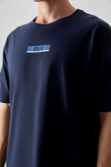 Lacivert %100 Pamuk Kalın Yumuşak Dokulu Oversize Fit Baskılı Erkek T-Shirt - 88359 - Air Jones (1)