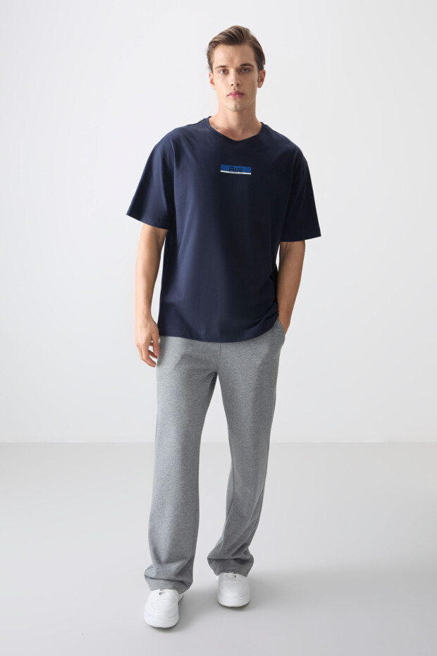 Lacivert %100 Pamuk Kalın Yumuşak Dokulu Oversize Fit Baskılı Erkek T-Shirt - 88359 - 3