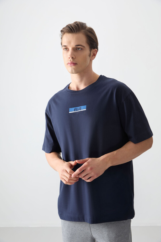 Lacivert %100 Pamuk Kalın Yumuşak Dokulu Oversize Fit Baskılı Erkek T-Shirt - 88359 - 4