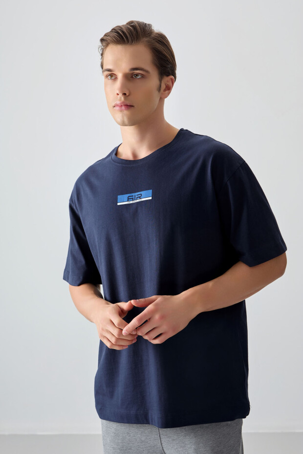 Lacivert %100 Pamuk Kalın Yumuşak Dokulu Oversize Fit Baskılı Erkek T-Shirt - 88359