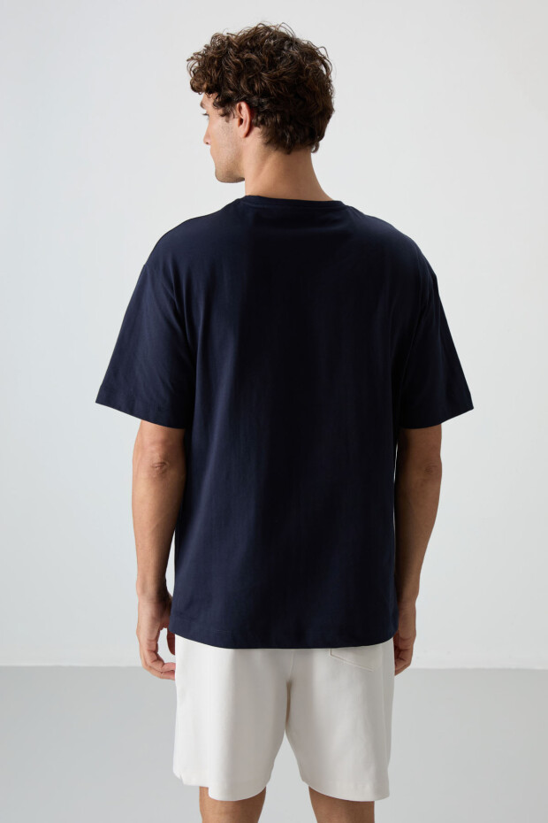 Lacivert %100 Pamuk Kalın Yumuşak Dokulu Oversize Fit Baskılı Erkek T-Shirt - 88360 - 5
