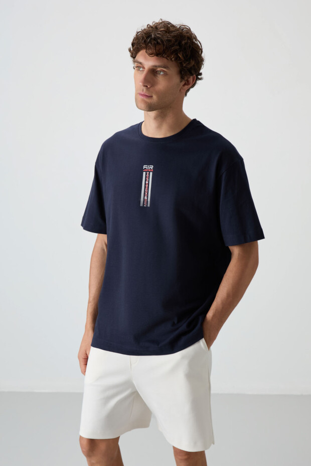 Lacivert %100 Pamuk Kalın Yumuşak Dokulu Oversize Fit Baskılı Erkek T-Shirt - 88360 - 4