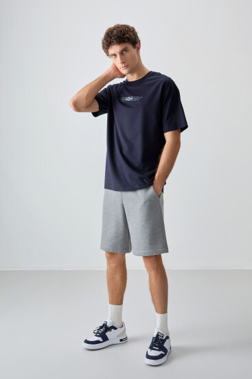 Lacivert Pamuklu Kalın Yumuşak Dokulu Oversize Fit Baskılı Erkek T-Shirt - 88374 - Air Jones (1)