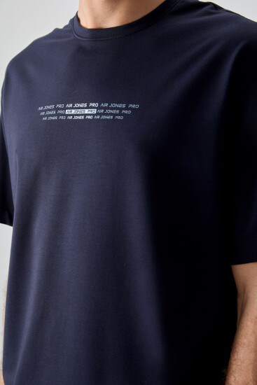 Lacivert Pamuklu Kalın Yumuşak Dokulu Oversize Fit Baskılı Erkek T-Shirt - 88374 - Thumbnail