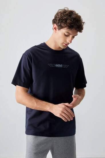Lacivert Pamuklu Kalın Yumuşak Dokulu Oversize Fit Baskılı Erkek T-Shirt - 88374 - Thumbnail