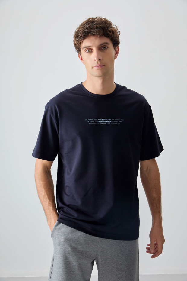 Lacivert Pamuklu Kalın Yumuşak Dokulu Oversize Fit Baskılı Erkek T-Shirt - 88374