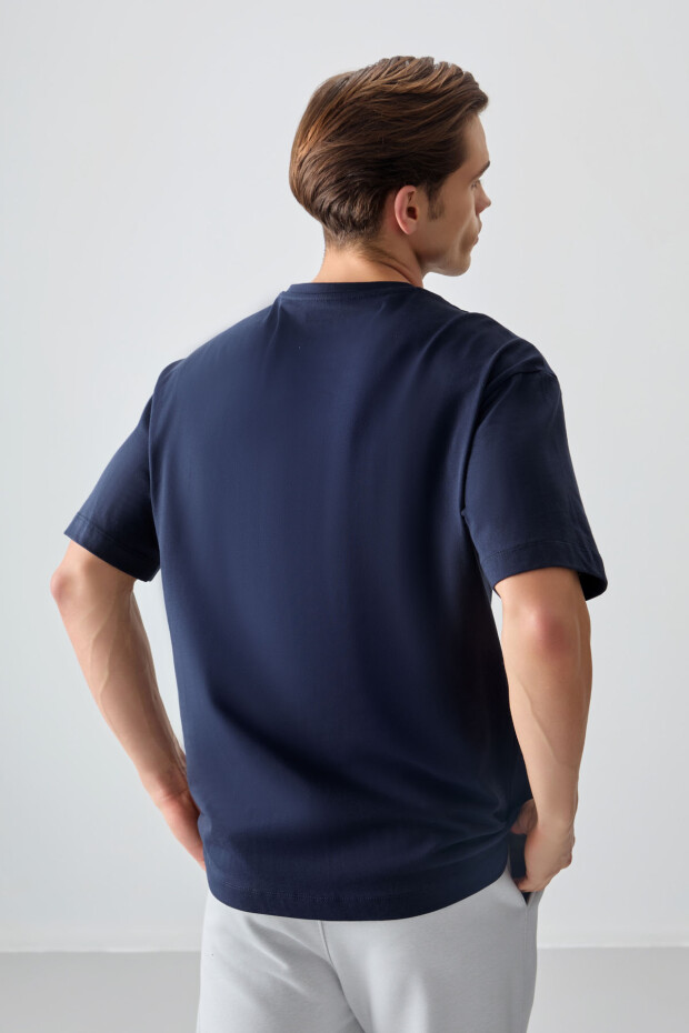 Lacivert %100 Pamuk Kalın Yumuşak Dokulu Oversize Fit Baskılı Erkek T-Shirt - 88361 - 5