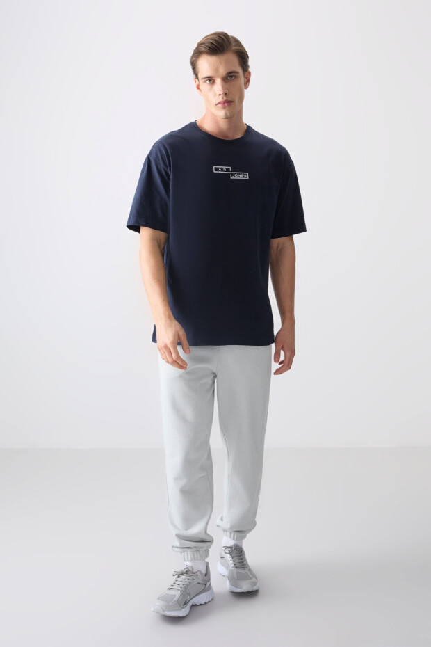 Lacivert %100 Pamuk Kalın Yumuşak Dokulu Oversize Fit Baskılı Erkek T-Shirt - 88361 - 4