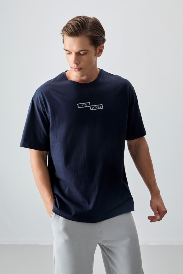 Lacivert %100 Pamuk Kalın Yumuşak Dokulu Oversize Fit Baskılı Erkek T-Shirt - 88361