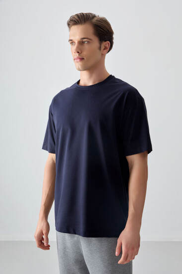 Lacivert Pamuklu Kalın Yumuşak Dokulu Oversize Fit Basic Erkek T-Shirt - 88377 - Thumbnail