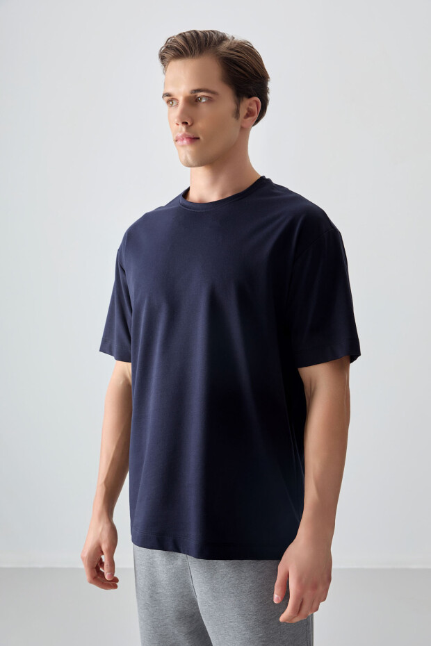 Lacivert Pamuklu Kalın Yumuşak Dokulu Oversize Fit Basic Erkek T-Shirt - 88377 - 3