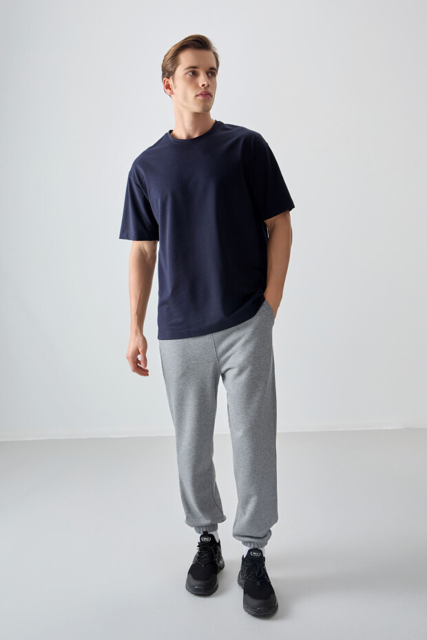 Lacivert Pamuklu Kalın Yumuşak Dokulu Oversize Fit Basic Erkek T-Shirt - 88377 - 4