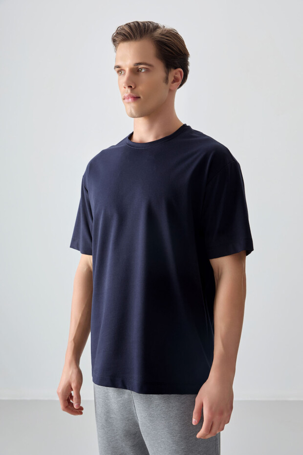 Lacivert Pamuklu Kalın Yumuşak Dokulu Oversize Fit Basic Erkek T-Shirt - 88377