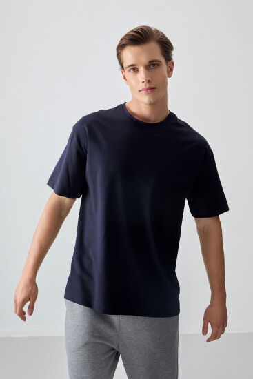 Lacivert Pamuklu Kalın Yumuşak Dokulu Oversize Fit Basic Erkek T-Shirt - 88377 - Thumbnail