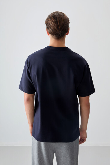 Lacivert Pamuklu Kalın Yumuşak Dokulu Oversize Fit Basic Erkek T-Shirt - 88377 - Thumbnail