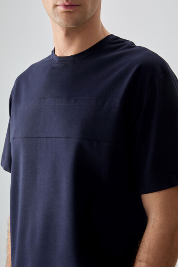 Lacivert Pamuklu Kalın Yumuşak Dokulu Oversize Fit Basic Erkek T-Shirt - 88378 - Thumbnail