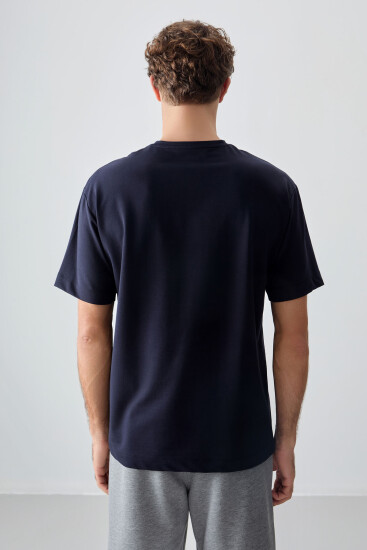 Lacivert Pamuklu Kalın Yumuşak Dokulu Oversize Fit Basic Erkek T-Shirt - 88378 - Thumbnail