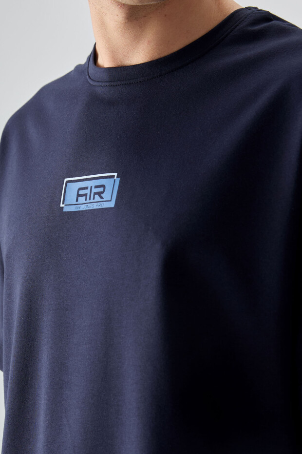 Lacivert Pamuklu Kalın Yumuşak Dokulu Oversize Fit Baskılı Erkek T-Shirt - 88376 - 3