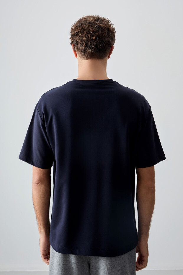 Lacivert Pamuklu Kalın Yumuşak Dokulu Oversize Fit Baskılı Erkek T-Shirt - 88376 - 5