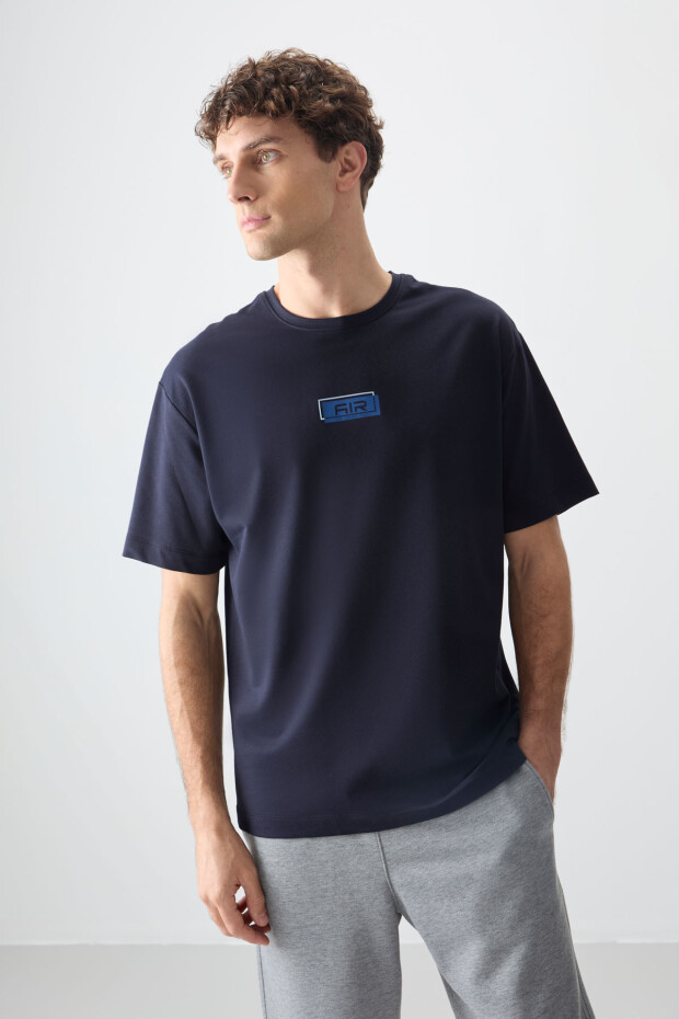 Lacivert Pamuklu Kalın Yumuşak Dokulu Oversize Fit Baskılı Erkek T-Shirt - 88376 - 1