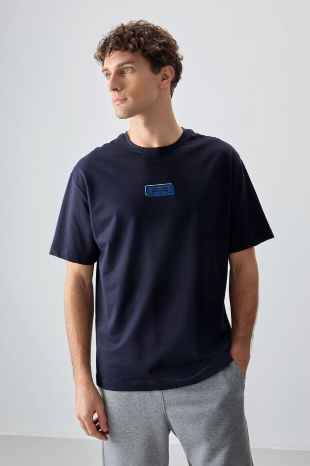 Lacivert Pamuklu Kalın Yumuşak Dokulu Oversize Fit Baskılı Erkek T-Shirt - 88376