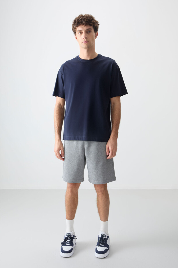 Lacivert %100 Pamuk Kalın Yumuşak Dokulu Oversize Fit Basic Erkek T-Shirt - 88353 - 3