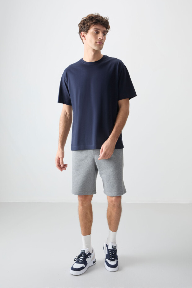 Lacivert %100 Pamuk Kalın Yumuşak Dokulu Oversize Fit Basic Erkek T-Shirt - 88353 - 4