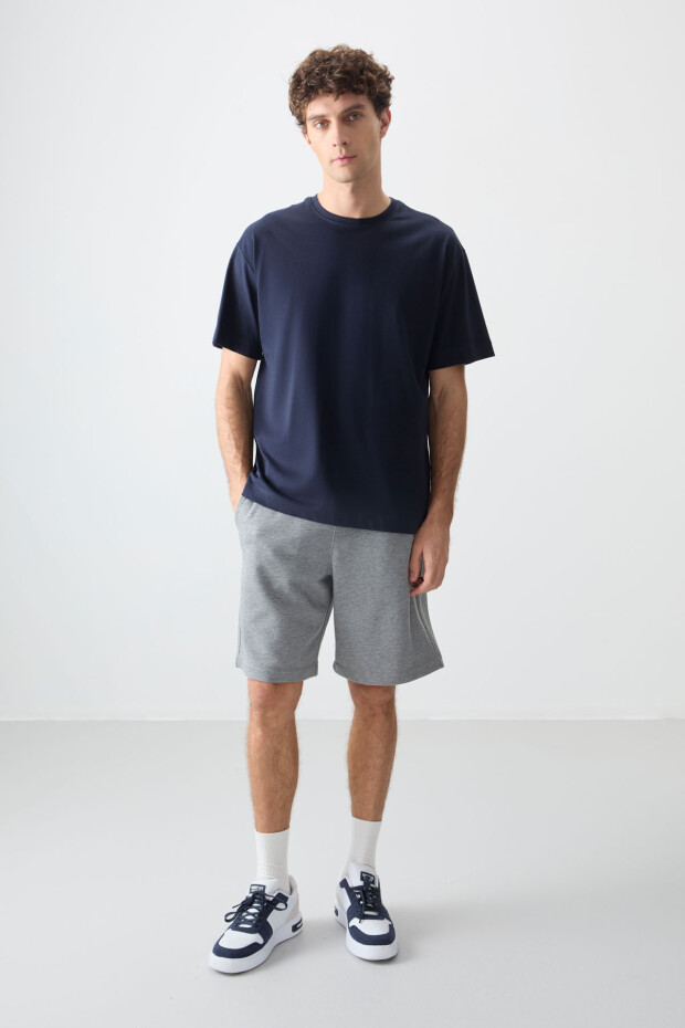 Lacivert %100 Pamuk Kalın Yumuşak Dokulu Oversize Fit Basic Erkek T-Shirt - 88353 - 5