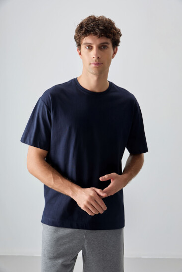 Lacivert %100 Pamuk Kalın Yumuşak Dokulu Oversize Fit Basic Erkek T-Shirt - 88353 - Thumbnail