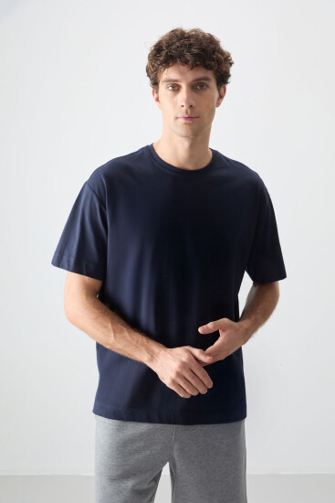 Lacivert %100 Pamuk Kalın Yumuşak Dokulu Oversize Fit Basic Erkek T-Shirt - 88353 - Thumbnail