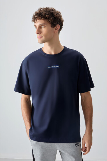 Lacivert %100 Pamuk Kalın Yumuşak Dokulu Oversize Fit Baskılı Erkek T-Shirt - 88354 