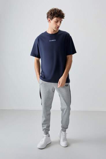 Lacivert %100 Pamuk Kalın Yumuşak Dokulu Oversize Fit Baskılı Erkek T-Shirt - 88354 - Air Jones (1)