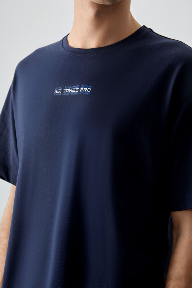 Lacivert %100 Pamuk Kalın Yumuşak Dokulu Oversize Fit Baskılı Erkek T-Shirt - 88354 - 4