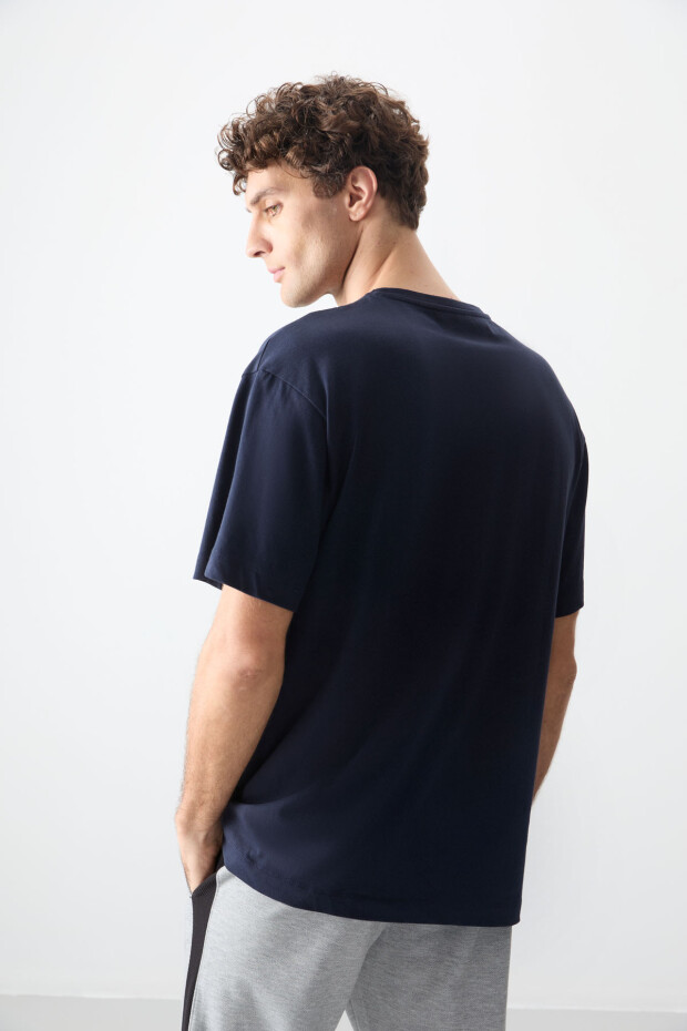 Lacivert %100 Pamuk Kalın Yumuşak Dokulu Oversize Fit Baskılı Erkek T-Shirt - 88354 - 6