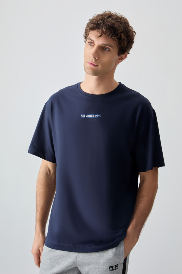 Lacivert %100 Pamuk Kalın Yumuşak Dokulu Oversize Fit Baskılı Erkek T-Shirt - 88354