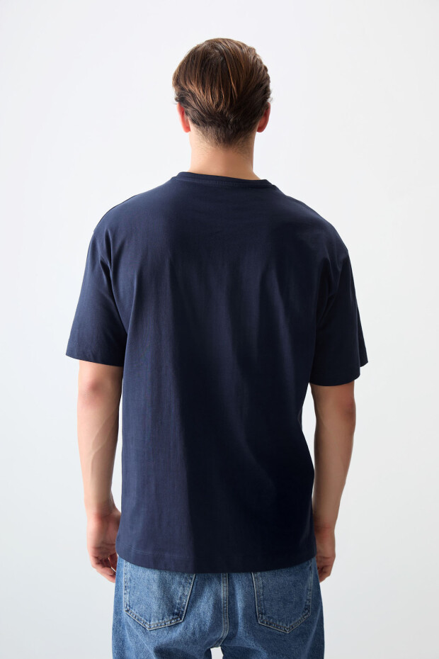 Lacivert %100 Pamuk Kalın Yumuşak Dokulu Oversize Fit Baskılı Erkek T-Shirt - 88356 - 5
