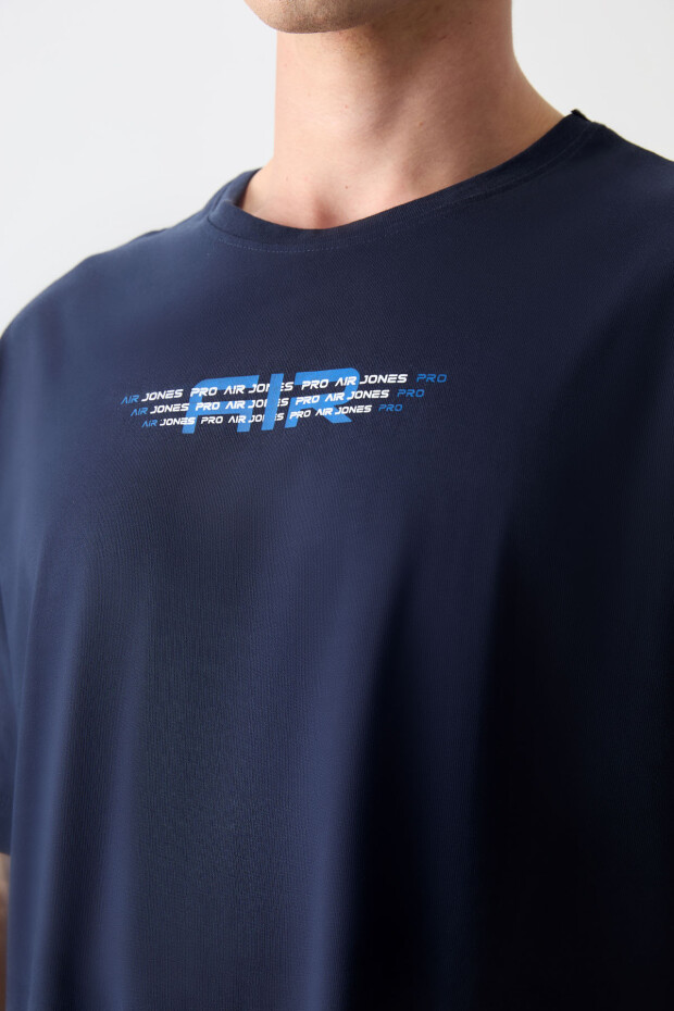 Lacivert %100 Pamuk Kalın Yumuşak Dokulu Oversize Fit Baskılı Erkek T-Shirt - 88356 - 3