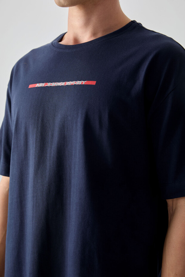 Lacivert %100 Pamuk Kalın Yumuşak Dokulu Oversize Fit Baskılı Erkek T-Shirt - 88358 - 2