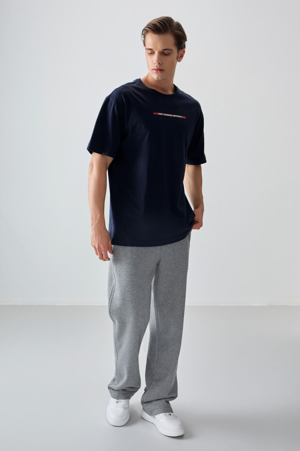Lacivert %100 Pamuk Kalın Yumuşak Dokulu Oversize Fit Baskılı Erkek T-Shirt - 88358 - 4