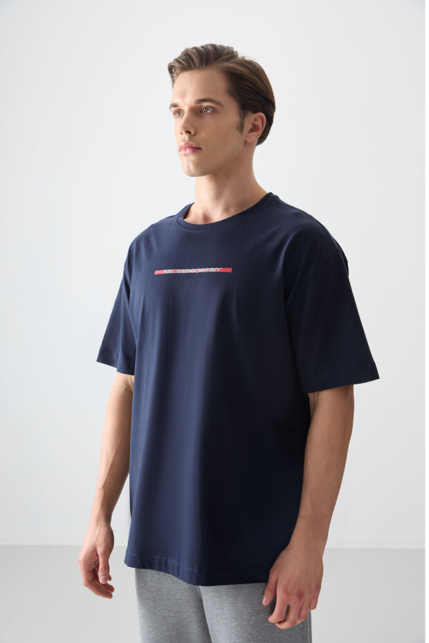 Lacivert %100 Pamuk Kalın Yumuşak Dokulu Oversize Fit Baskılı Erkek T-Shirt - 88358 - 3