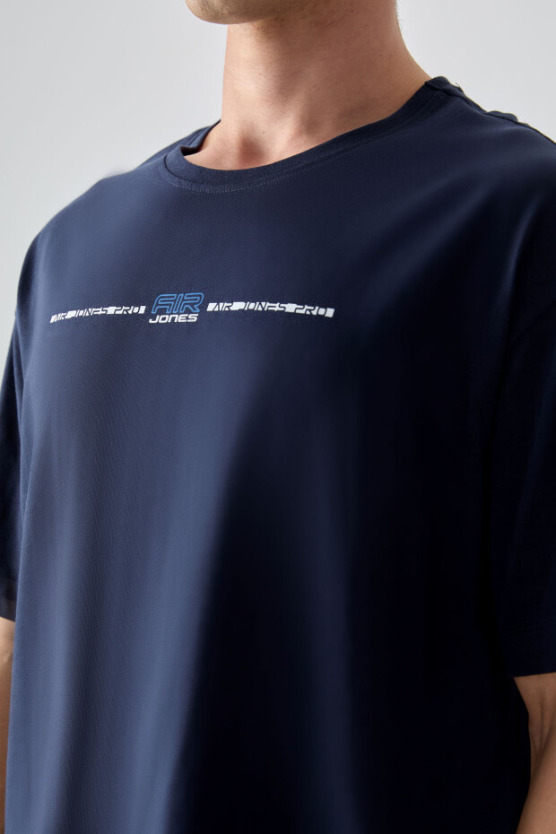 Lacivert %100 Pamuk Kalın Yumuşak Dokulu Oversize Fit Baskılı Erkek T-Shirt - 88357 - 2